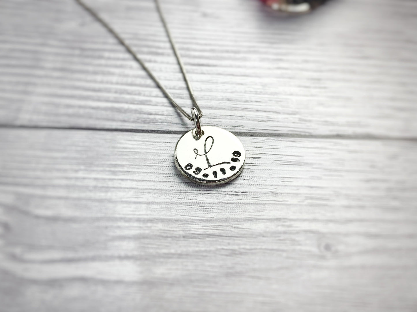 Initial pendant, birth date, children's details, hand stamped necklace, sterling silver jewellery, name jewellery, initial gift