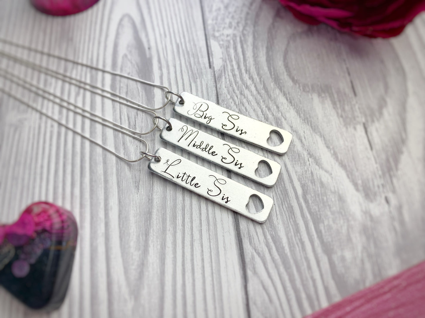 Three sister necklaces, big middle little sis, sibling gift, hand stamped, personalised necklace