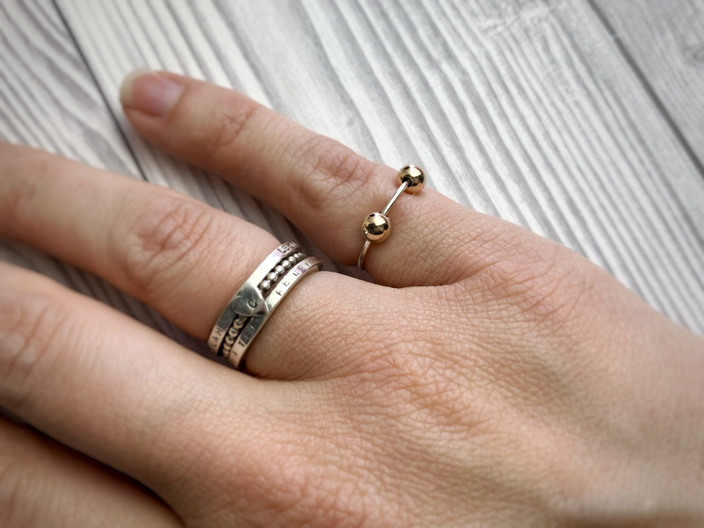 Sterling Silver spinner ring, gold ring, mixed metal ring, dainty ring, fiddle ring, moveable ring, beaded ring