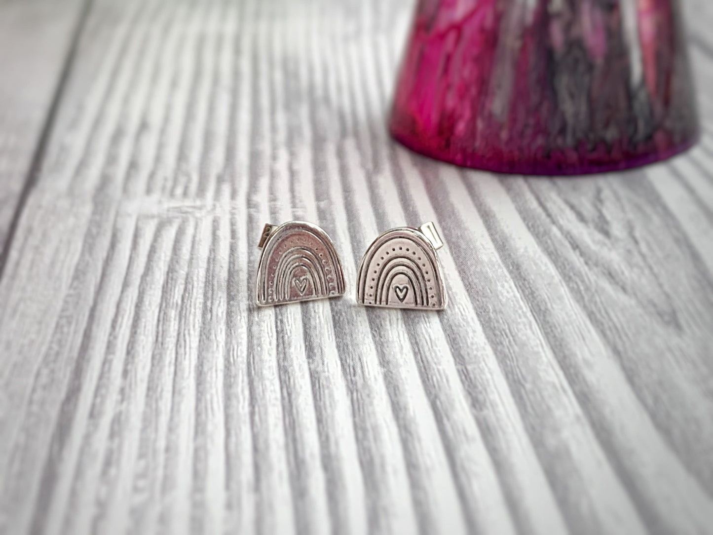 Sterling silver rainbow earrings, rainbow gift, sterling silver, hand stamped, hand cut, artisan earrings, rainbow studs