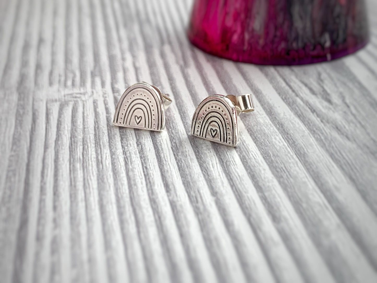 Sterling silver rainbow earrings, rainbow gift, sterling silver, hand stamped, hand cut, artisan earrings, rainbow studs