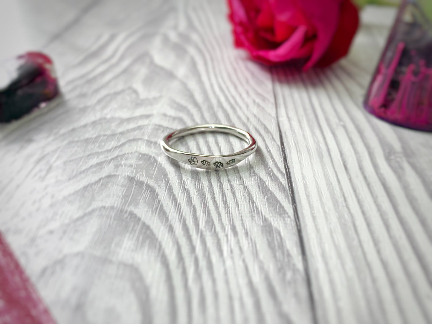 Personalised birth flower ring, flower jewellery, sterling silver ring, minimalist ring, stackable ring, hand stamped, gift for mum,