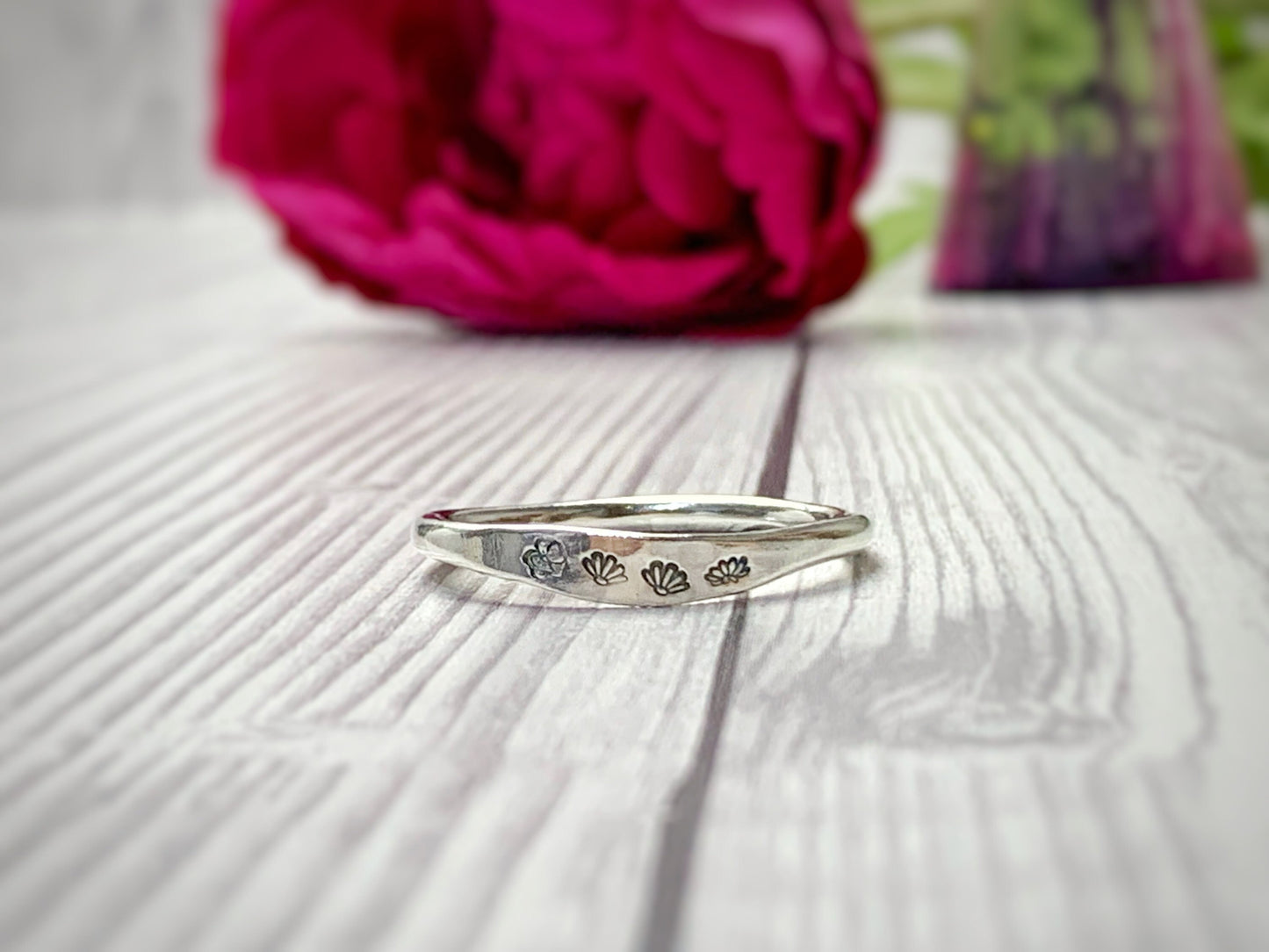 Personalised birth flower ring, flower jewellery, sterling silver ring, minimalist ring, stackable ring, hand stamped, gift for mum,