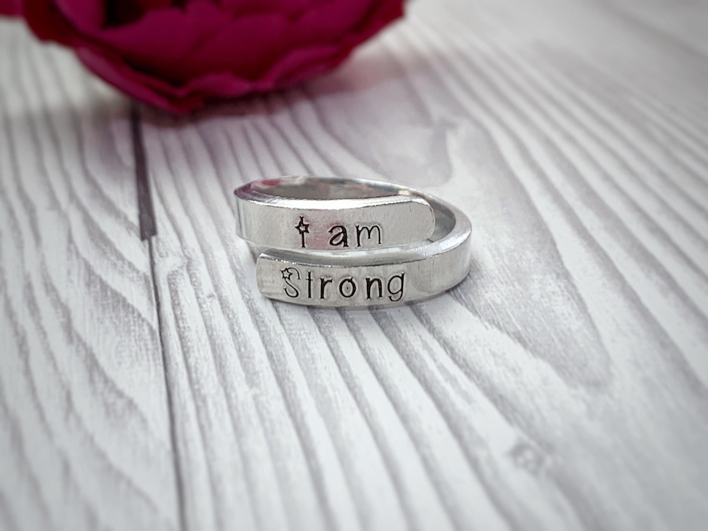 Adjustable affirmation thumb ring jewellery, hand stamped ring, self love and empowerment, I am strong ring, statement rings, motivational