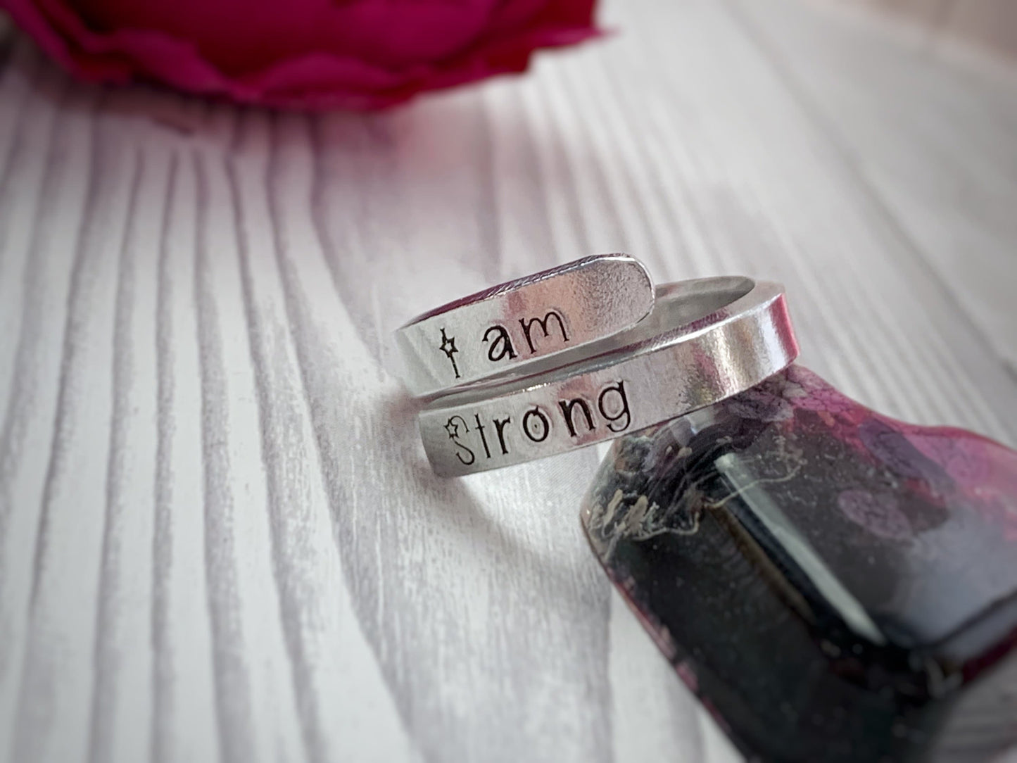 Adjustable affirmation thumb ring jewellery, hand stamped ring, self love and empowerment, I am strong ring, statement rings, motivational