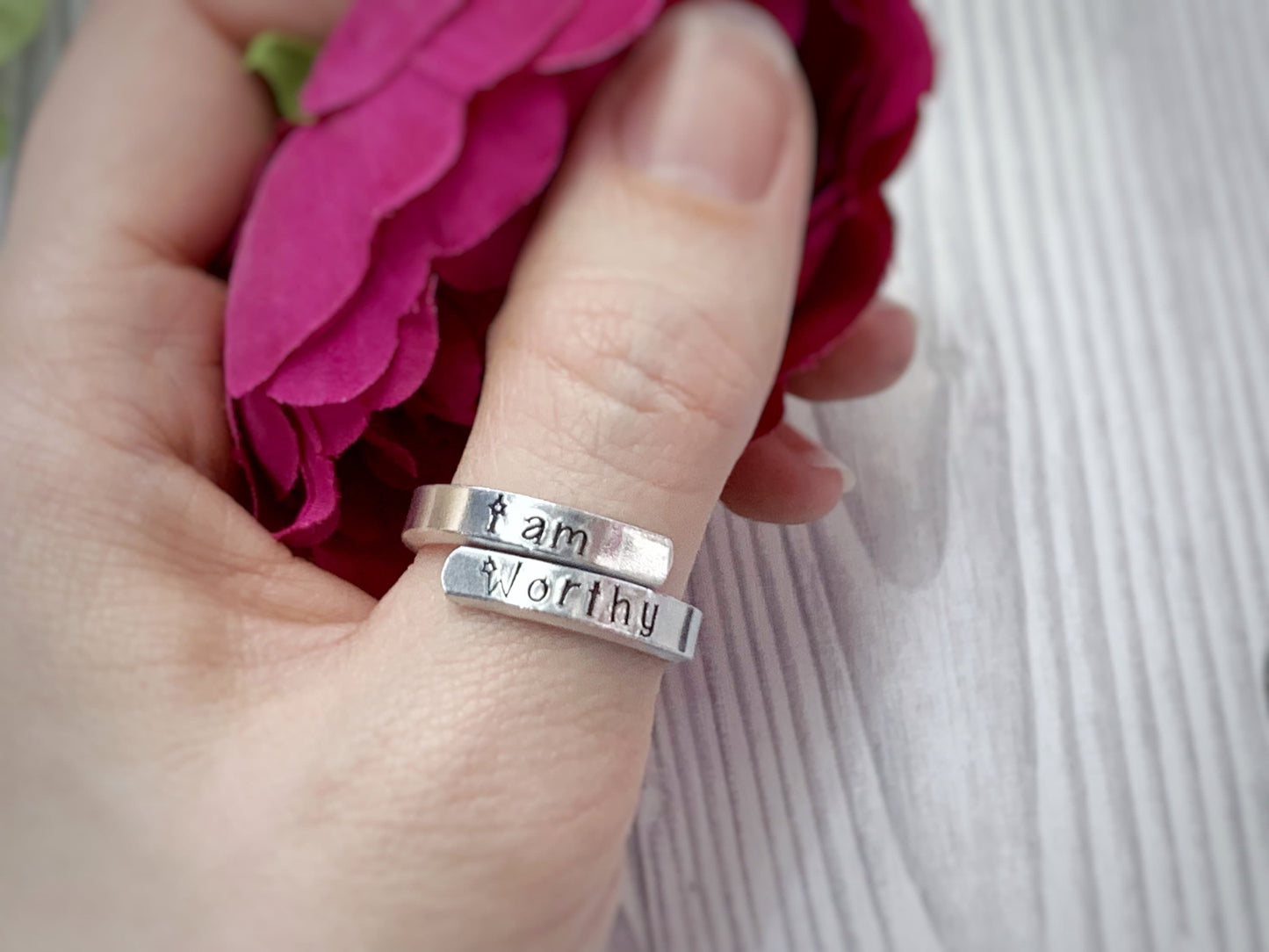 Adjustable affirmation thumb ring jewellery, hand stamped ring, self love and empowerment, I am strong ring, statement rings, motivational