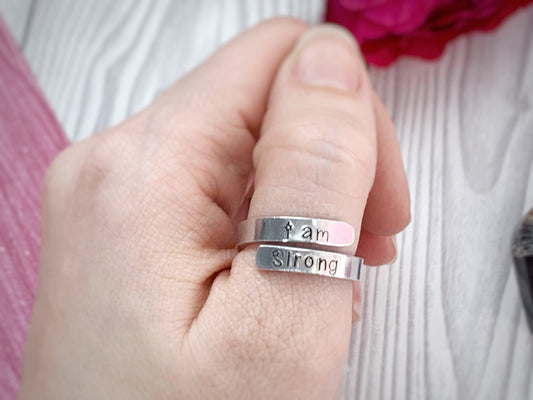 Adjustable affirmation thumb ring jewellery, hand stamped ring, self love and empowerment, I am strong ring, statement rings, motivational