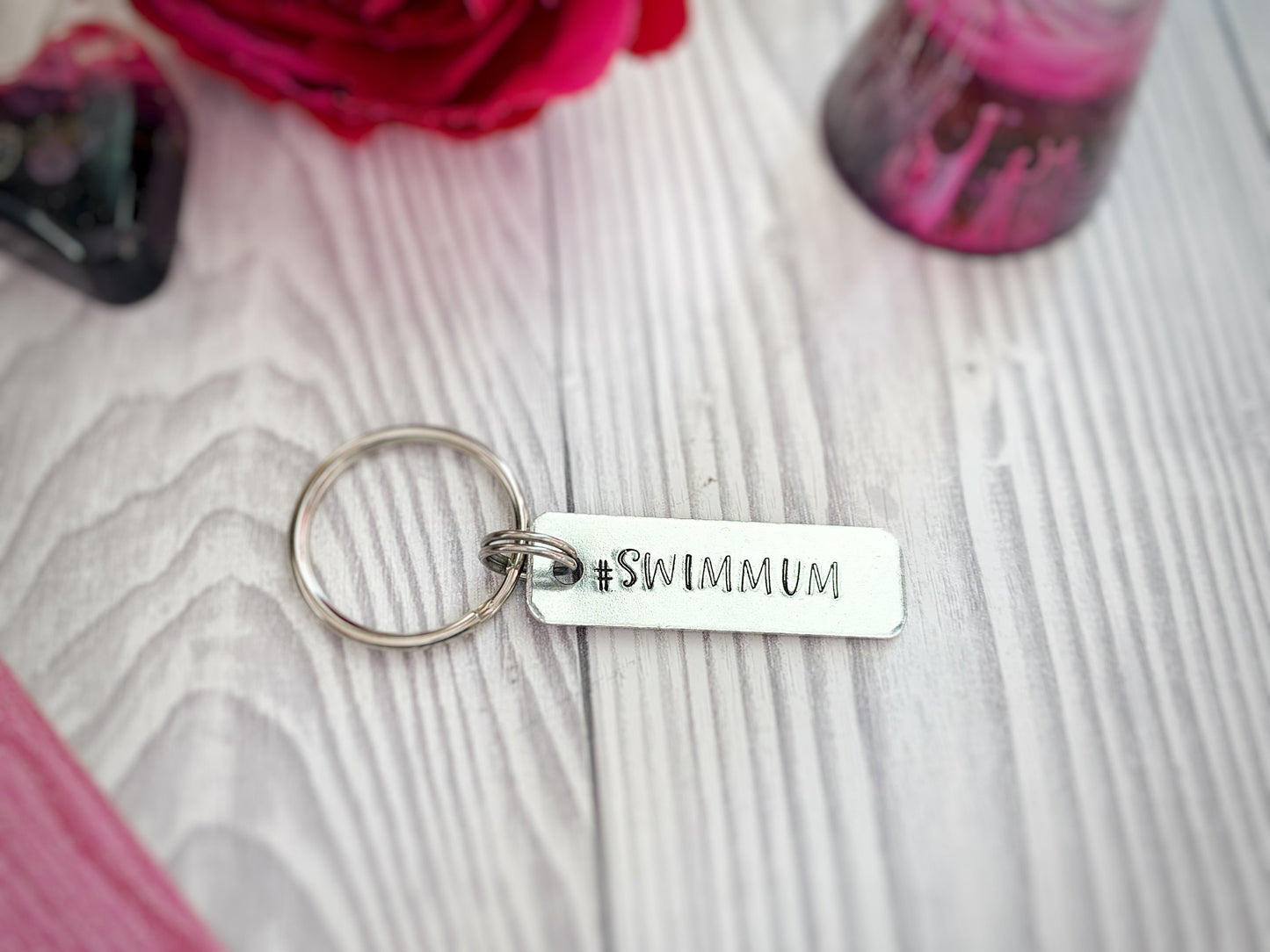 Swim mum, swim dad, wild swimming, swimming keyring, swimming team gift, swimming gifts, hand stamped keychain, open water swimming