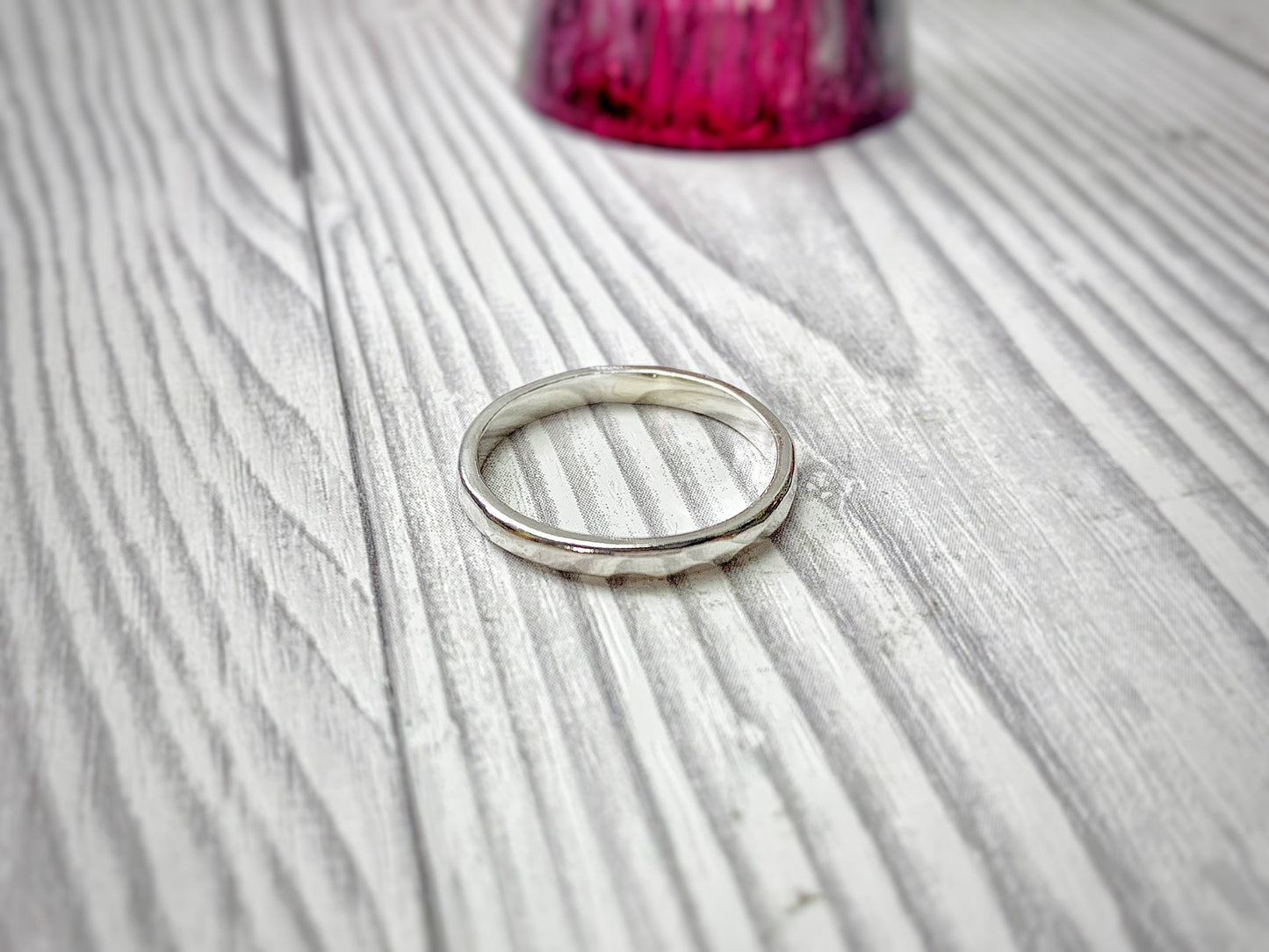 Sterling silver stacking rings, 2mm hammered ring, D wire band, curved outside, hand stamped message, personalised ring