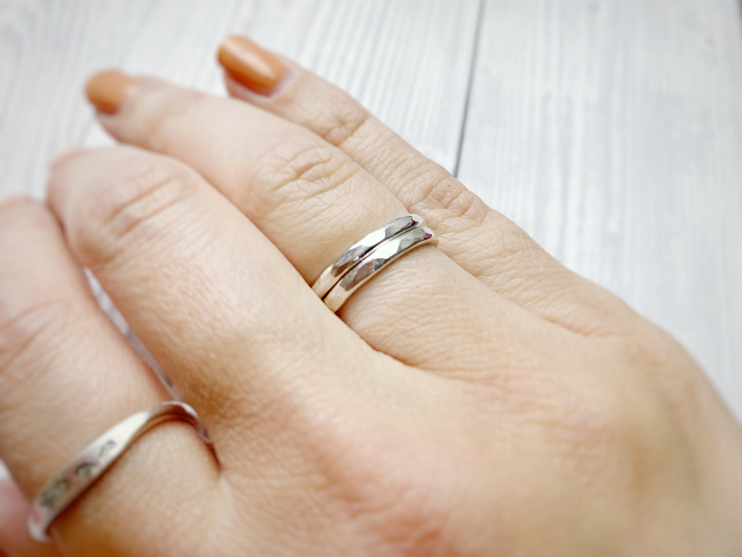 Sterling silver stacking rings, 2mm hammered ring, D wire band, curved outside, hand stamped message, personalised ring