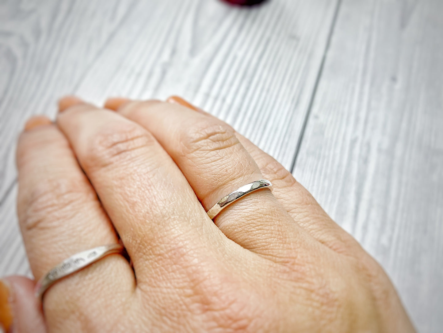 Sterling silver stacking rings, 2mm hammered ring, D wire band, curved outside, hand stamped message, personalised ring